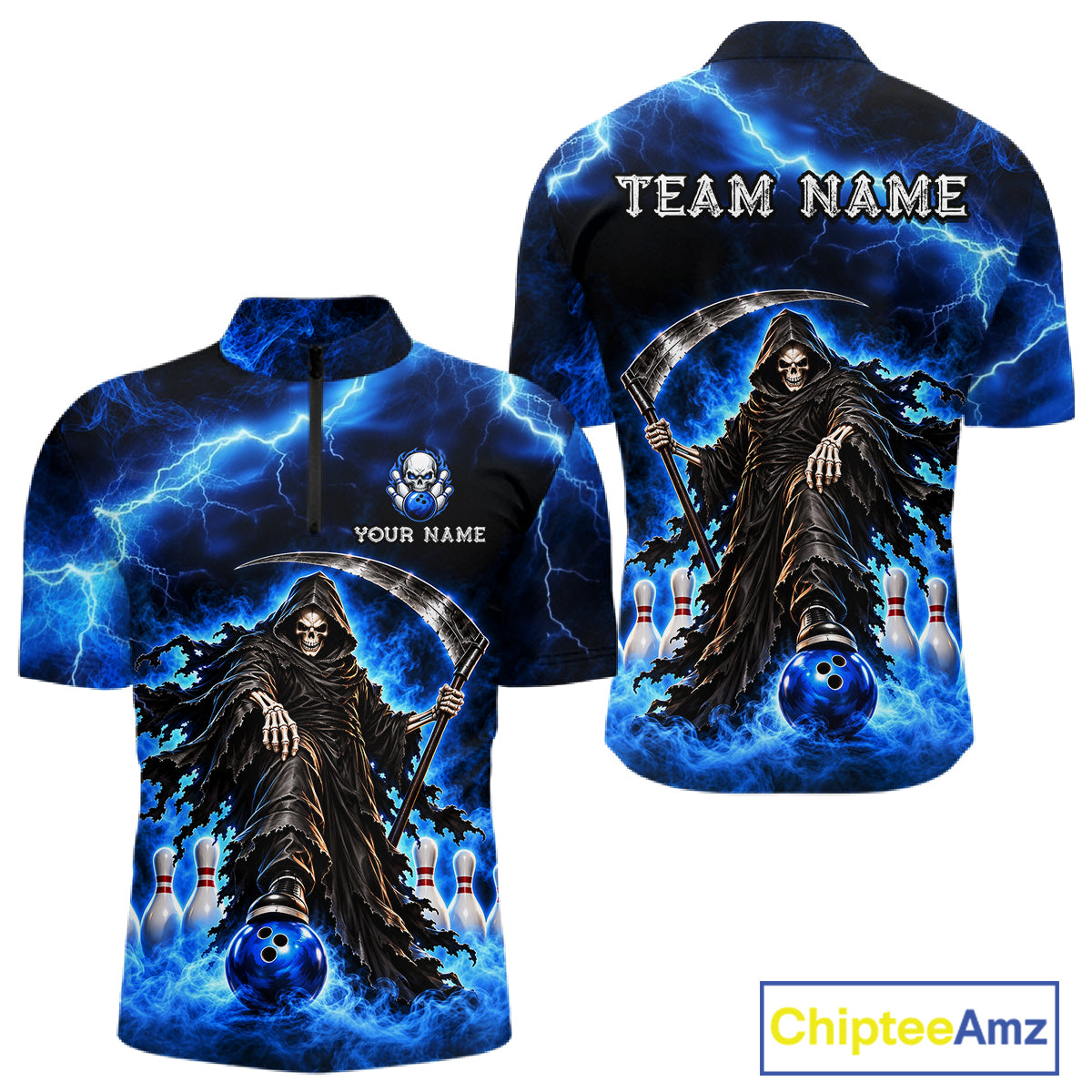 Custom Black and Blue Flame Grim Reaper Bowling Team Shirts for Men Bowling Tournament HNT641