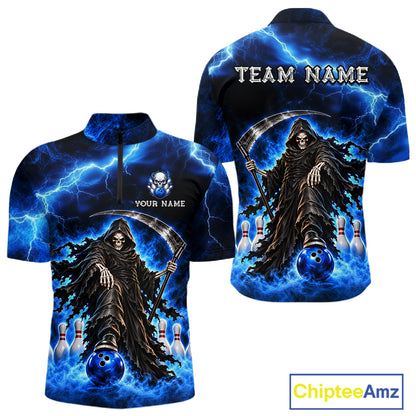 Custom Black and Blue Flame Grim Reaper Bowling Team Shirts for Men Bowling Tournament HNT641