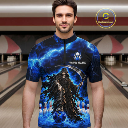 Custom Black and Blue Flame Grim Reaper Bowling Team Shirts for Men Bowling Tournament HNT641