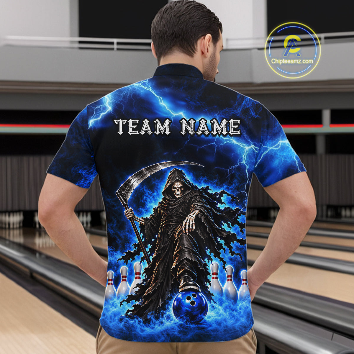 Custom Black and Blue Flame Grim Reaper Bowling Team Shirts for Men Bowling Tournament HNT641