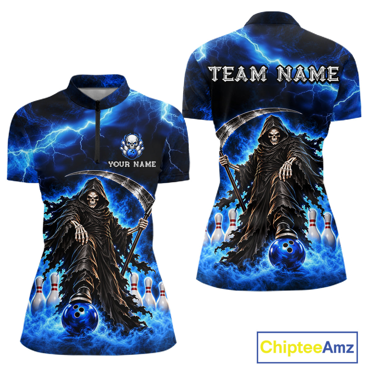 Custom Black and Blue Flame Grim Reaper Bowling Team Shirts for Women Bowling Tournament HNT641
