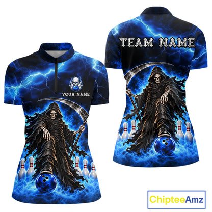 Custom Black and Blue Flame Grim Reaper Bowling Team Shirts for Women Bowling Tournament HNT641