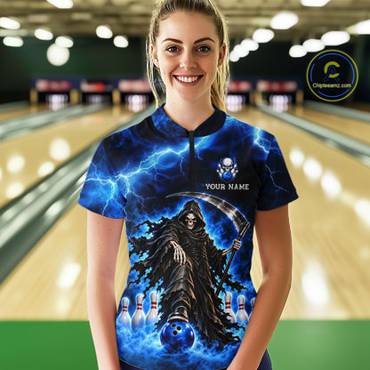 Custom Black and Blue Flame Grim Reaper Bowling Team Shirts for Women Bowling Tournament HNT641