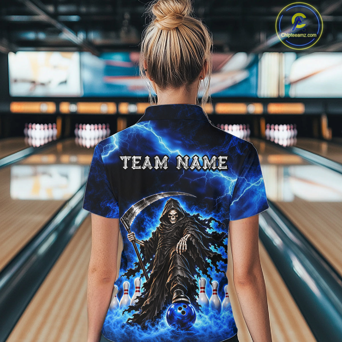 Custom Black and Blue Flame Grim Reaper Bowling Team Shirts for Women Bowling Tournament HNT641
