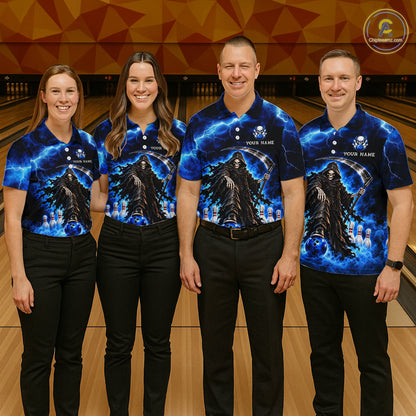 Custom Black and Blue Flame Grim Reaper Bowling Team Shirts for Women Bowling Tournament HNT641