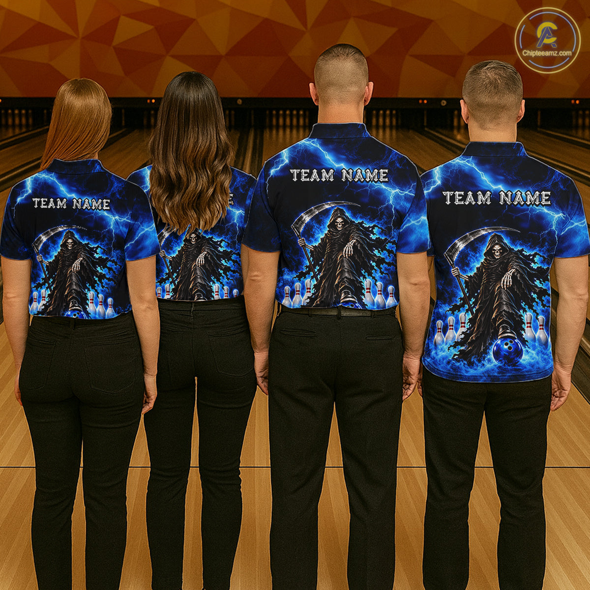 Custom Black and Blue Flame Grim Reaper Bowling Team Shirts for Women Bowling Tournament HNT641