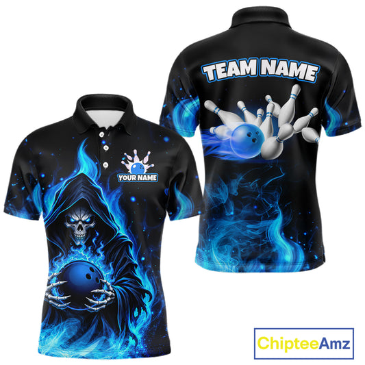 Black And Blue Flame Grim Reaper Custom Skull Bowling Shirts for Men Bowling Team Jerseys HNT645