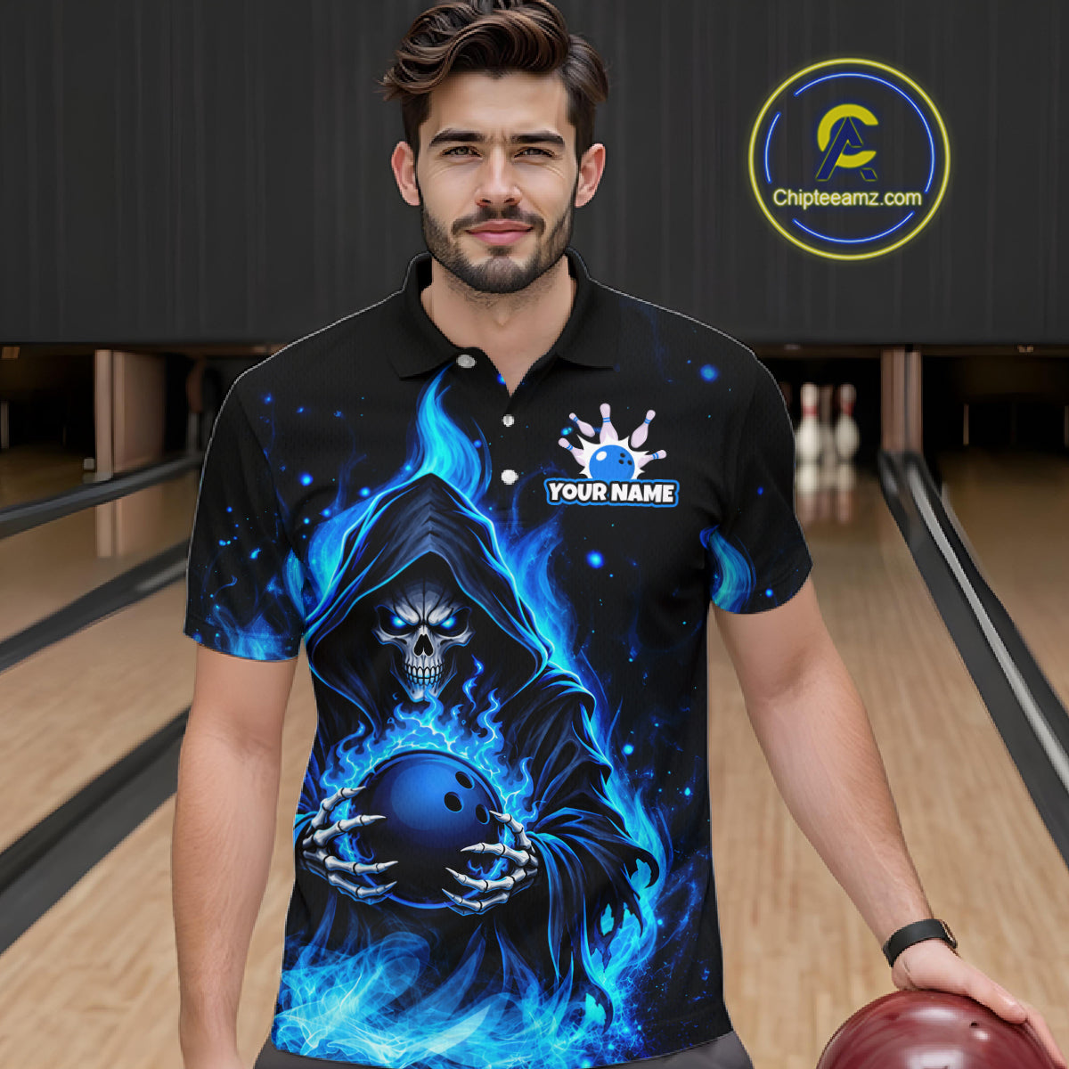 Black And Blue Flame Grim Reaper Custom Skull Bowling Shirts for Men Bowling Team Jerseys HNT645