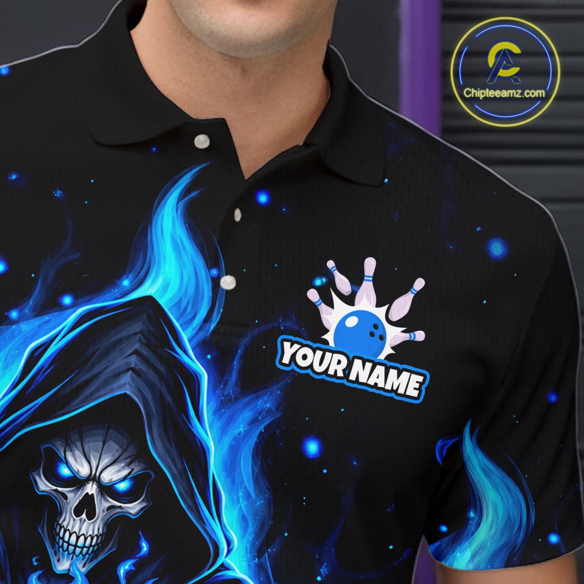 Black And Blue Flame Grim Reaper Custom Skull Bowling Shirts for Men Bowling Team Jerseys HNT645