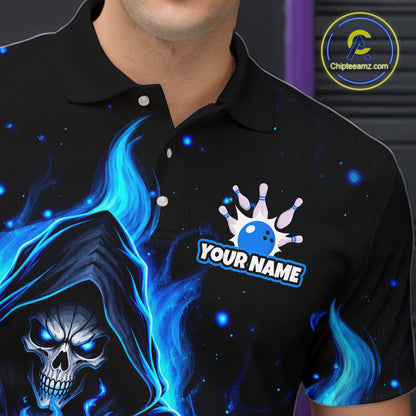 Black And Blue Flame Grim Reaper Custom Skull Bowling Shirts for Men Bowling Team Jerseys HNT645