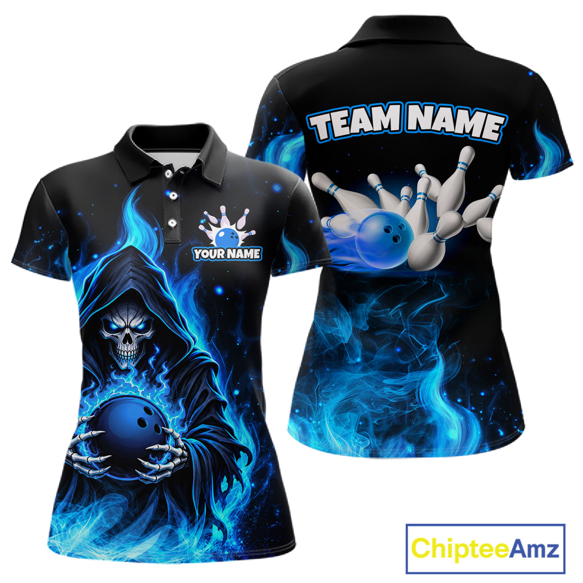 Black And Blue Flame Grim Reaper Custom Skull Bowling Shirts for Women Bowling Team Jerseys HNT645