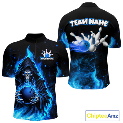 Black And Blue Flame Grim Reaper Custom Skull Bowling Shirts for Men Bowling Team Jerseys HNT645