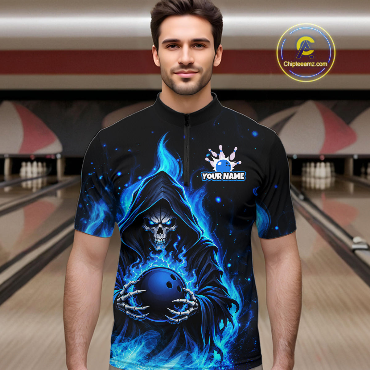 Black And Blue Flame Grim Reaper Custom Skull Bowling Shirts for Men Bowling Team Jerseys HNT645