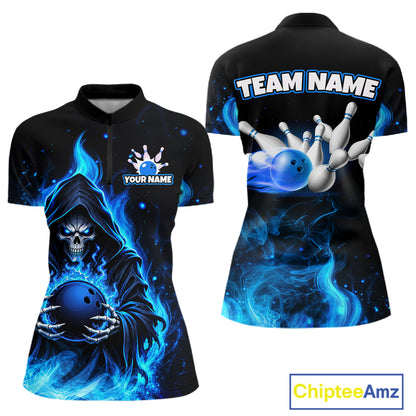 Black And Blue Flame Grim Reaper Custom Skull Bowling Shirts for Women Bowling Team Jerseys HNT645