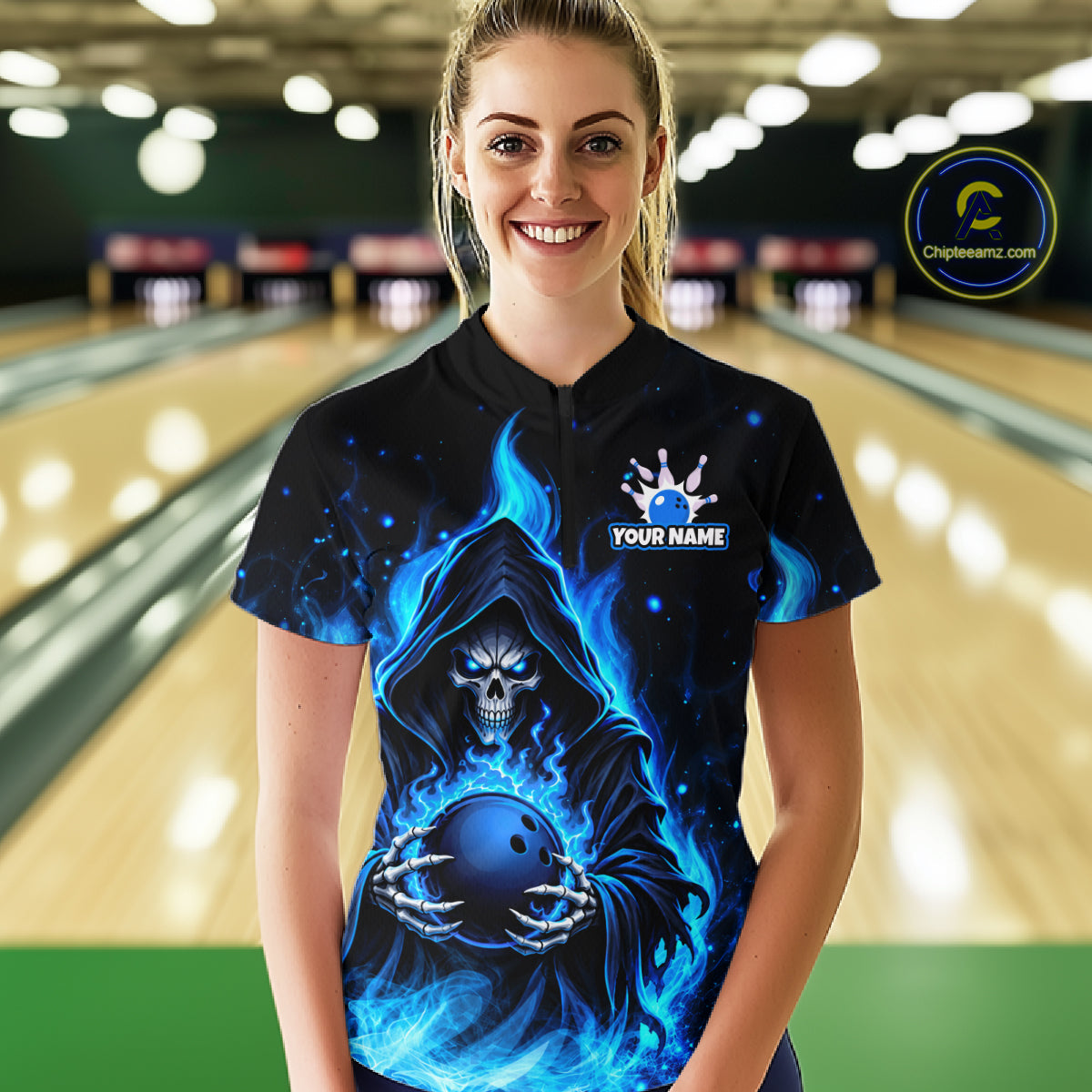 Black And Blue Flame Grim Reaper Custom Skull Bowling Shirts for Women Bowling Team Jerseys HNT645
