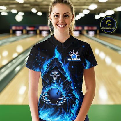 Black And Blue Flame Grim Reaper Custom Skull Bowling Shirts for Women Bowling Team Jerseys HNT645