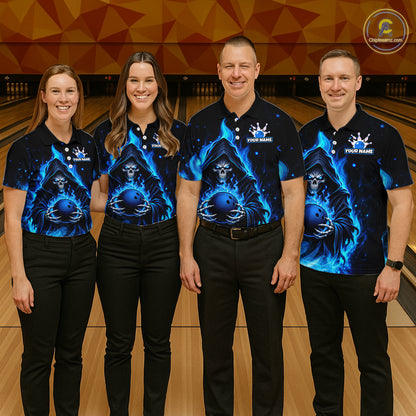 Black And Blue Flame Grim Reaper Custom Skull Bowling Shirts for Women Bowling Team Jerseys HNT645