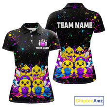 Load image into Gallery viewer, Front and back view personalized bowling polo shirt with cartoon chicks holding bowling balls, framed by pins and colorful paint patterns on a black layout.