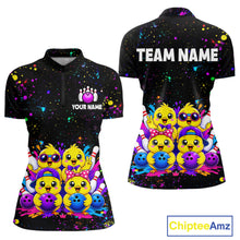 Load image into Gallery viewer, Front and back view personalized bowling quarter zip shirt with cartoon chicks holding bowling balls, framed by pins and colorful paint patterns on a black layout.
