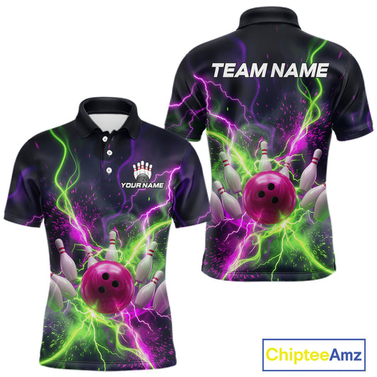 Front and back personalized bowling polo with pink ball, scattered pins, neon lightning, team name, and player name on black background