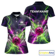 Load image into Gallery viewer, Front and back personalized bowling polo with pink ball, scattered pins, neon lightning, team name, and player name on black background