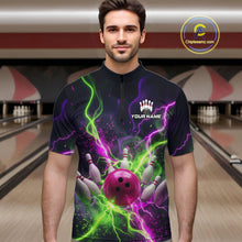 Load image into Gallery viewer, Men wearing personalized bowling quarter zip with pink ball, scattered pins, neon lightning, team name, and player name on black background