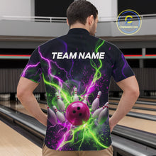 Load image into Gallery viewer, Men wearing personalized bowling quarter zip with pink ball, scattered pins, neon lightning, team name, and player name on black background
