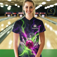 Load image into Gallery viewer, Women wearing personalized bowling quarter zip with pink ball, scattered pins, neon lightning, team name, and player name on black background