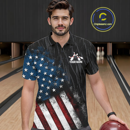 Custom Grunge US Flag Tornado Bowling Jersey for Men Bowling Team Shirts Polo & 1/4 Zip HNT487
