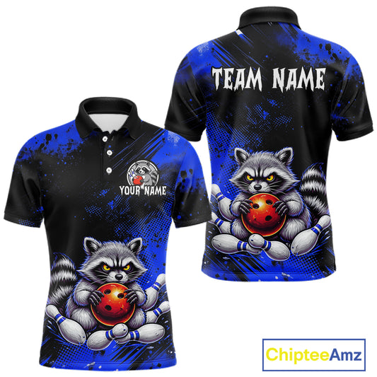 Blue Funny Raccoon Custom Bowling Jersey for Men Bowling Team Shirts Bowling Polo & 1/4 Zip HNT489