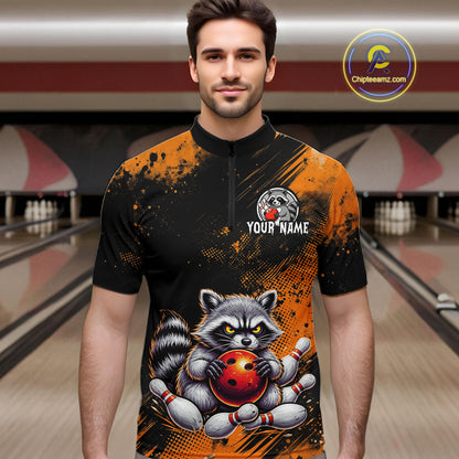 Orange Funny Raccoon Custom Bowling Jersey for Men Bowling Team Shirts Bowling Polo & 1/4 Zip HNT489