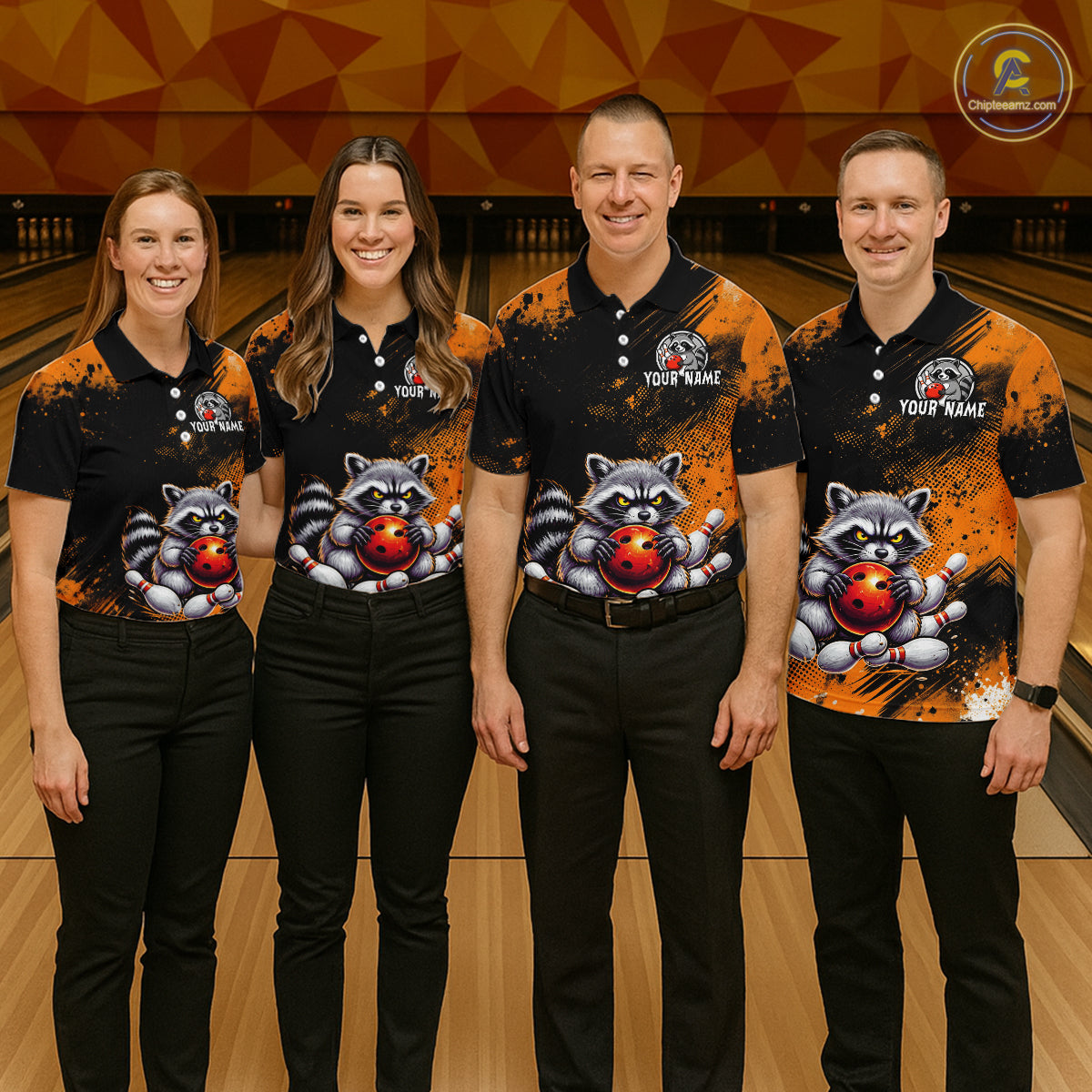 Orange Funny Raccoon Custom Bowling Jersey for Women Bowling Team Shirts Bowling League Polo & 1/4 Zip HNT489