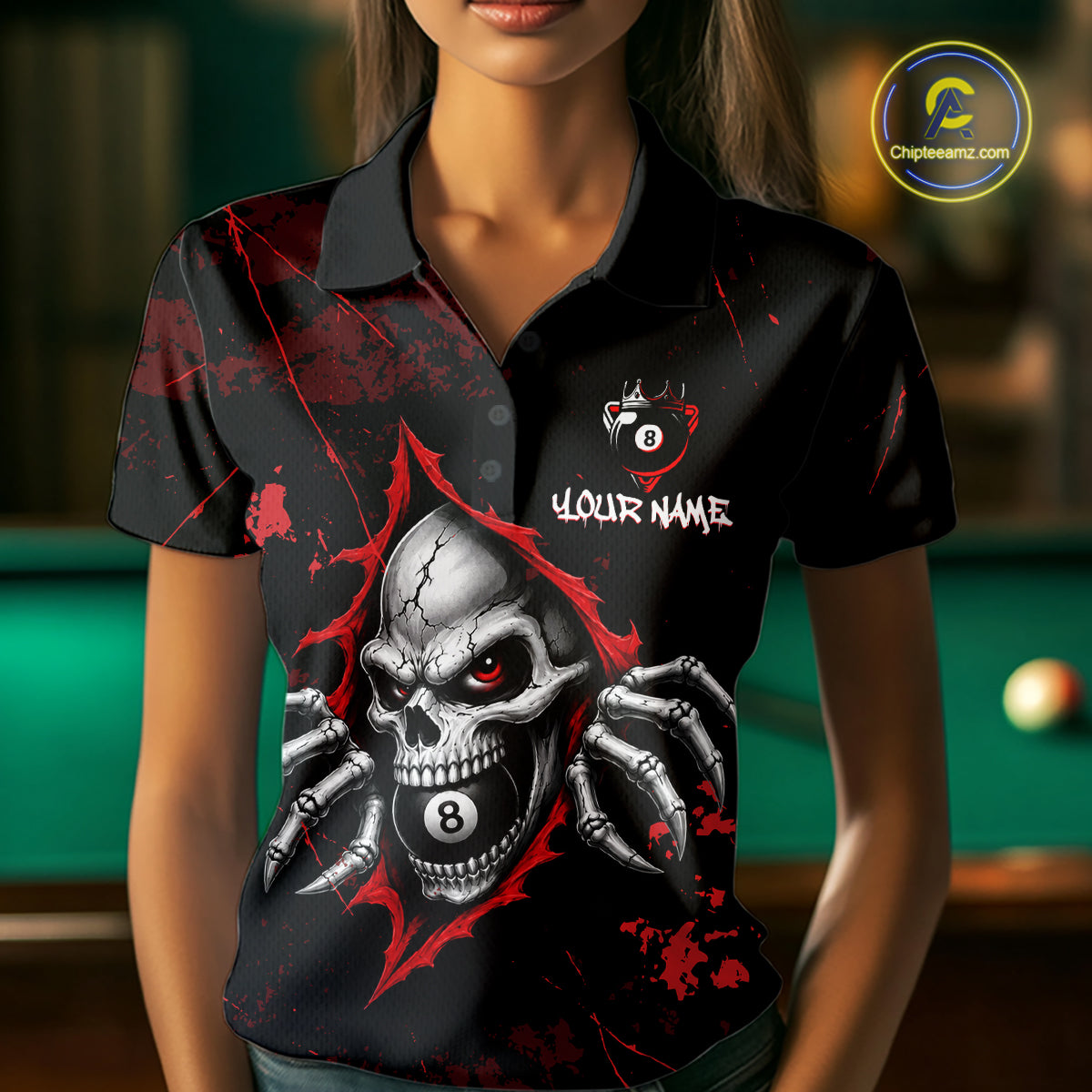 Red Skull 8 Ball Custom Billiard Shirts for Women Billiard Team Jerseys Billiard League NNT322
