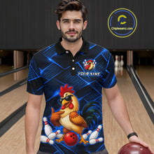 Load image into Gallery viewer, Man wearing a blue and black bowling polo shirt featuring a cool rooster mascot wearing sunglasses, a red bowling ball, bowling pins, and custom your name text.