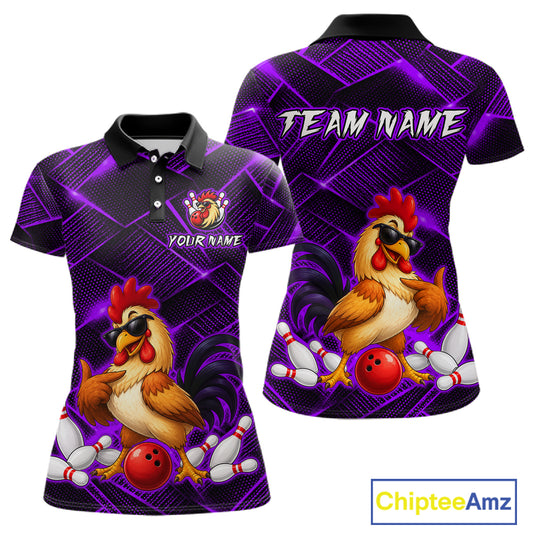 Front and back views of a purple and black bowling polo shirt featuring a cool rooster mascot wearing sunglasses, a red bowling ball, bowling pins, and custom team text.
