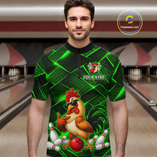 Load image into Gallery viewer, Man wearing a green and black bowling  quarter zip shirt featuring a cool rooster mascot wearing sunglasses, a red bowling ball, bowling pins, and custom your name text.