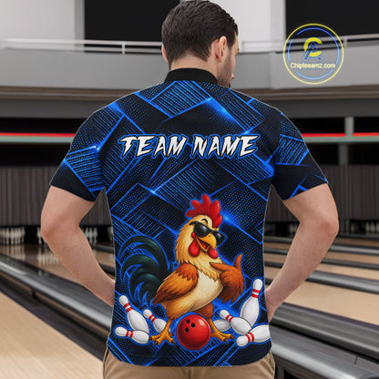 Man wearing a blue and black bowling quarter zip shirt featuring a cool rooster mascot wearing sunglasses, a red bowling ball, bowling pins, and custom team name text.