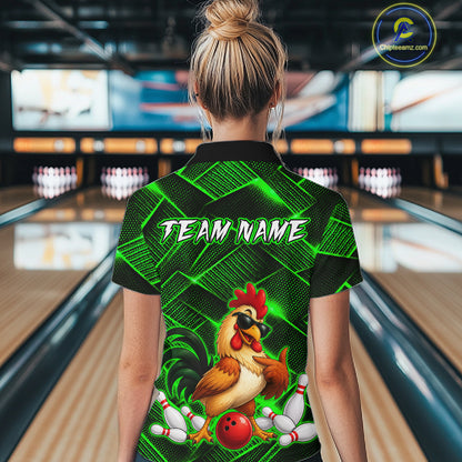 Woman wearing a green and black bowling polo shirt featuring a cool rooster mascot wearing sunglasses, a red bowling ball, bowling pins, and custom team name text.