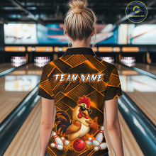 Load image into Gallery viewer, Woman wearing a orange and black bowling polo shirt featuring a cool rooster mascot wearing sunglasses, a red bowling ball, bowling pins, and custom team name text.