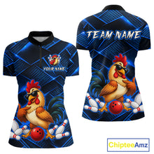 Load image into Gallery viewer, Front and back views of a blue and black bowling quarter zip shirt featuring a cool rooster mascot wearing sunglasses, a red bowling ball, bowling pins, and custom team text.