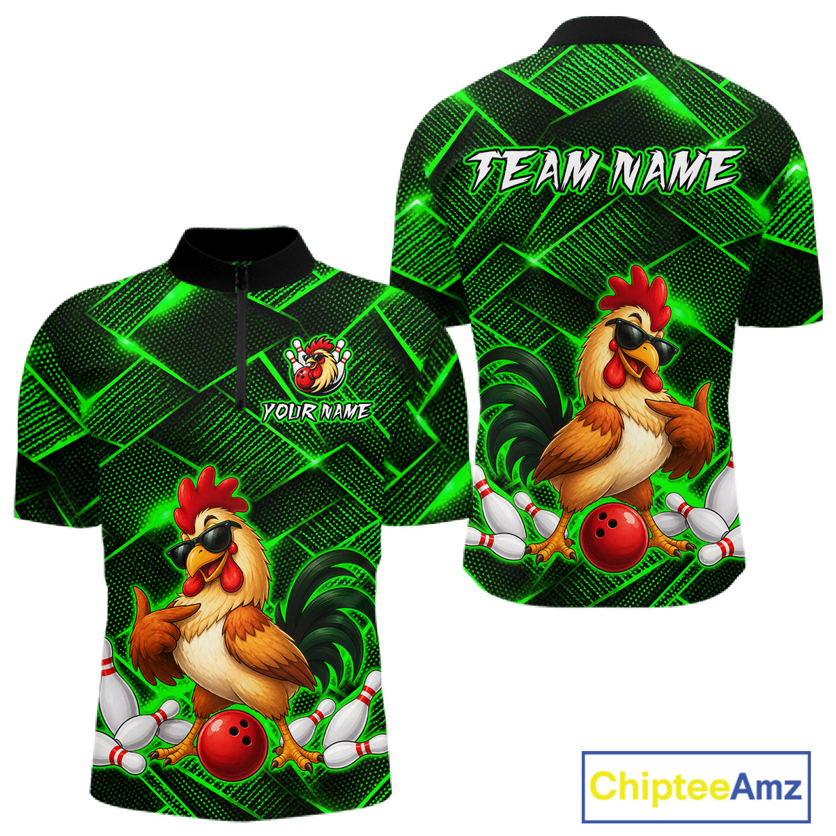 Front and back views of a green and black bowling quarter zip shirt featuring a cool rooster mascot wearing sunglasses, a red bowling ball, bowling pins, and custom team text.