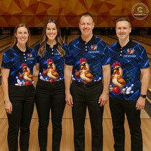 Load image into Gallery viewer, Four people wearing blue and black bowling polo shirt featuring a cool rooster mascot wearing sunglasses, a red bowling ball, bowling pins, and custom your name text