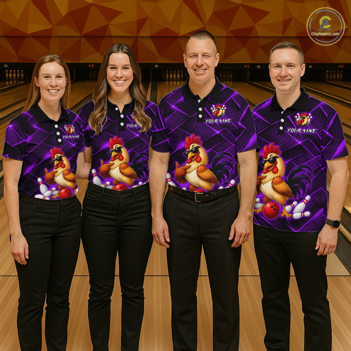 Four people wearing purple and black bowling polo shirt featuring a cool rooster mascot wearing sunglasses, a red bowling ball, bowling pins, and custom your name text