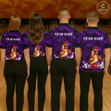 Load image into Gallery viewer, Four people wearing purple and black bowling polo shirt featuring a cool rooster mascot wearing sunglasses, a red bowling ball, bowling pins, and custom team name text.