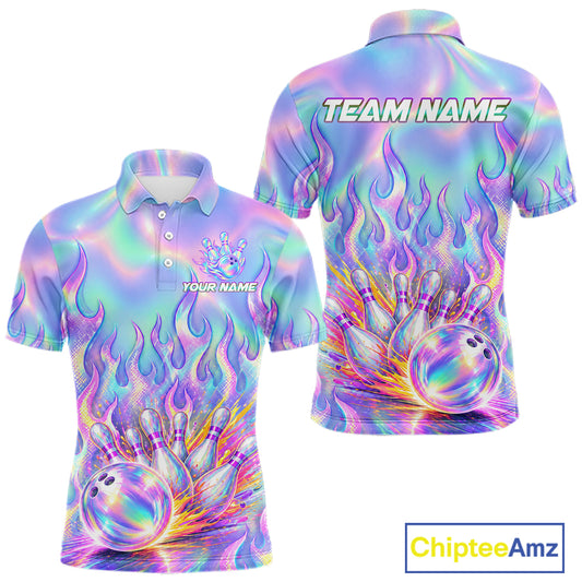 Custom Holographic Flame Bowling Shirts For Men, Bowling Team Jersey Bowling Tournament HNT647