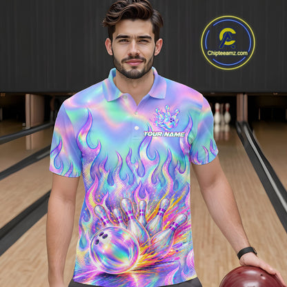 Custom Holographic Flame Bowling Shirts For Men, Bowling Team Jersey Bowling Tournament HNT647