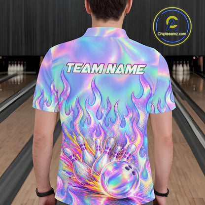 Custom Holographic Flame Bowling Shirts For Men, Bowling Team Jersey Bowling Tournament HNT647