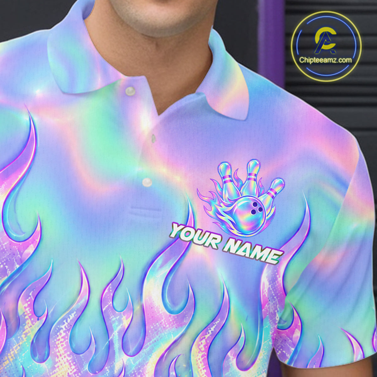 Custom Holographic Flame Bowling Shirts For Men, Bowling Team Jersey Bowling Tournament HNT647