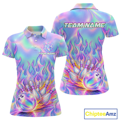 Custom Holographic Flame Bowling Shirts For Women, Bowling Team Jersey Bowling Tournament HNT647