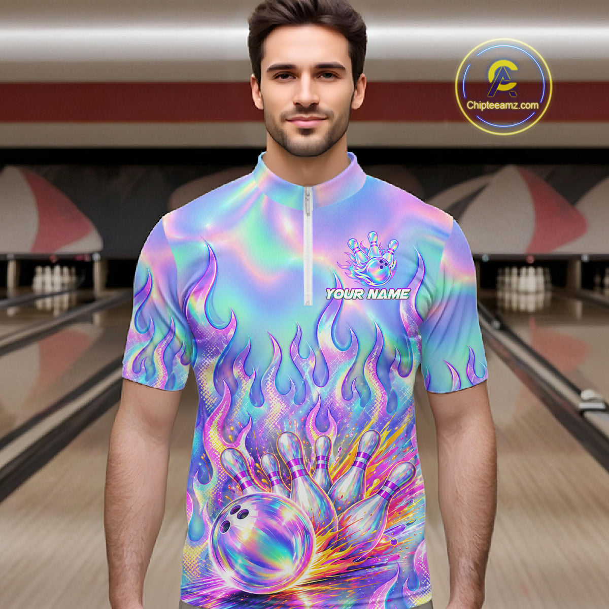 Custom Holographic Flame Bowling Shirts For Men, Bowling Team Jersey Bowling Tournament HNT647